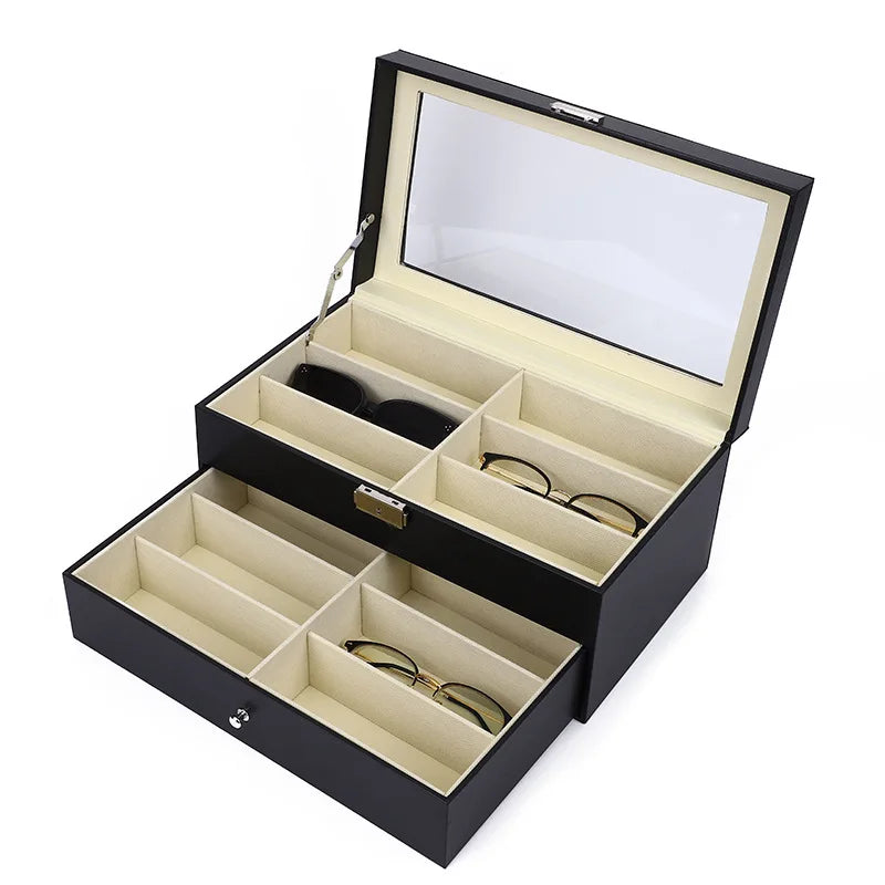 12 Slot Double Layer Sunglasses Organizer Storage Box Black PU Leather Eye Glasses Case Box Jewelry Eyewear Display Box Gift