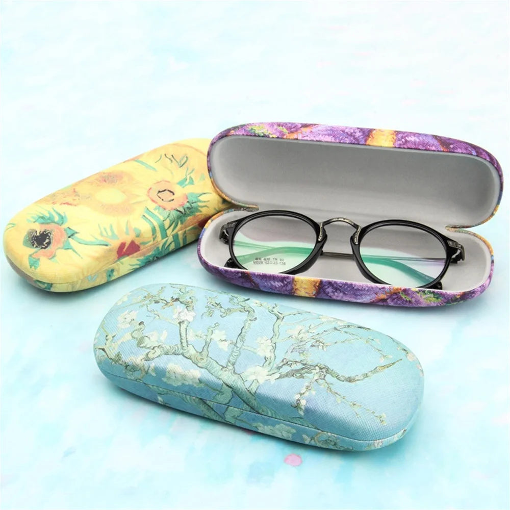 Van Gogh Glasses Case - Hard Leather Reading Glasses Box Van Gogh Art Retro Floral Print Eyewear Protector Holder