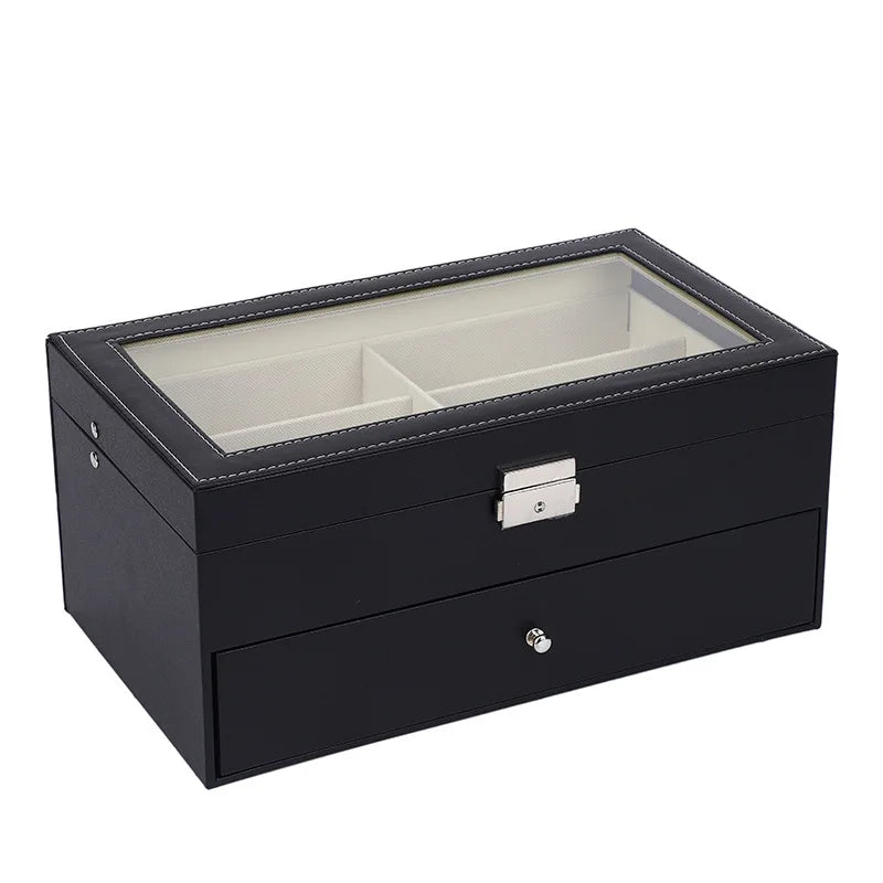 12 Slot Double Layer Sunglasses Organizer Storage Box Black PU Leather Eye Glasses Case Box Jewelry Eyewear Display Box Gift