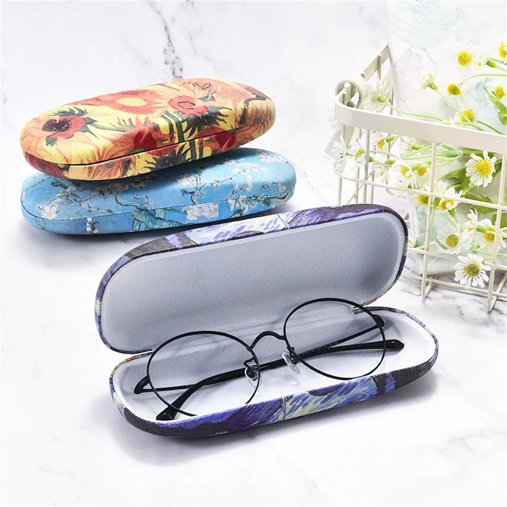Van Gogh Glasses Case - Hard Leather Reading Glasses Box Van Gogh Art Retro Floral Print Eyewear Protector Holder