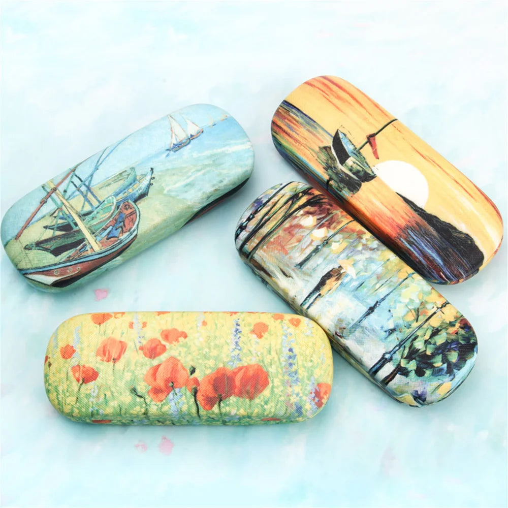 Van Gogh Glasses Case - Hard Leather Reading Glasses Box Van Gogh Art Retro Floral Print Eyewear Protector Holder