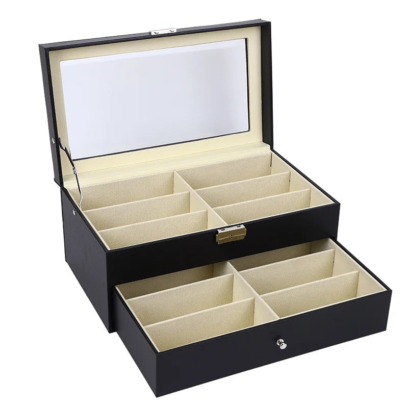 12 Slot Double Layer Sunglasses Organizer Storage Box Black PU Leather Eye Glasses Case Box Jewelry Eyewear Display Box Gift