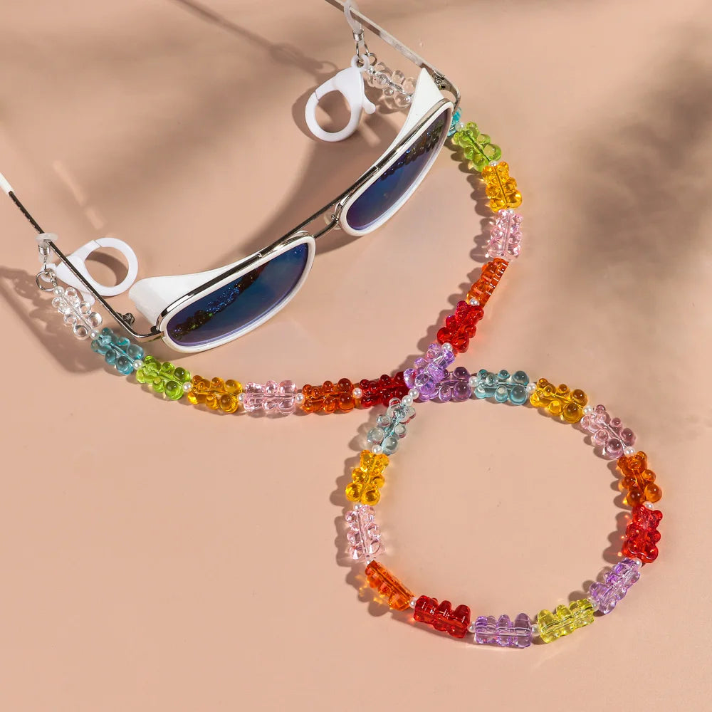 New Cute Jelly Bear Beaded Acrylic Sunglasses Chain Mask Strap for Women Sweet Neck Cord Glasses Lanyard Rope Accessories Gifts