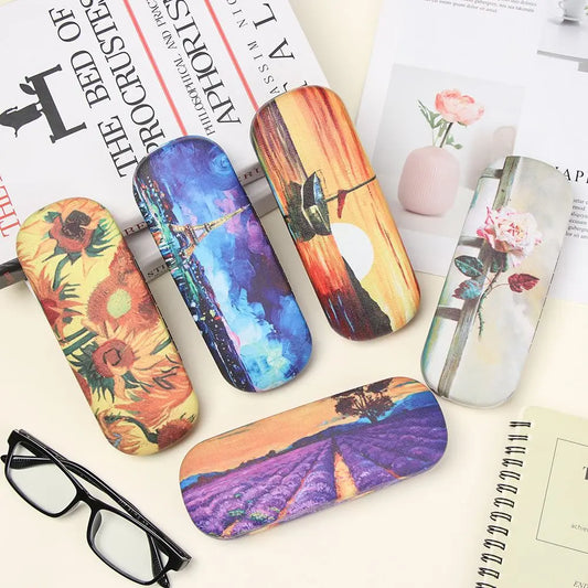 Oil Painting Art Glasses Case Box Hard Leather Reading Glasses Case Retro Unisex Floral Print Eyewear Protector Glasses Holder