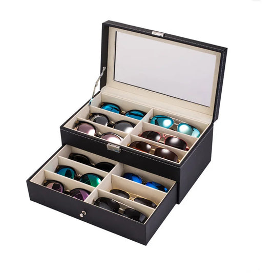 12 Slot Double Layer Sunglasses Organizer Storage Box Black PU Leather Eye Glasses Case Box Jewelry Eyewear Display Box Gift