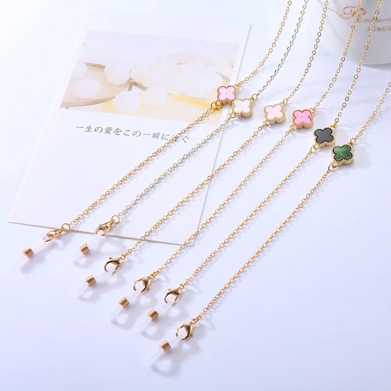 Simple Crystal Flower Glasses Chain Lanyard Jewelry Women Anti-Slip Flower Four Leaves Outdoor Sunglasses Mask Holder Neck Strap