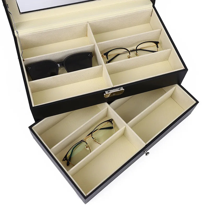 12 Slot Double Layer Sunglasses Organizer Storage Box Black PU Leather Eye Glasses Case Box Jewelry Eyewear Display Box Gift