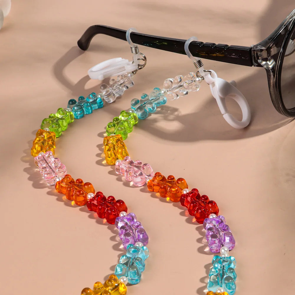 New Cute Jelly Bear Beaded Acrylic Sunglasses Chain Mask Strap for Women Sweet Neck Cord Glasses Lanyard Rope Accessories Gifts